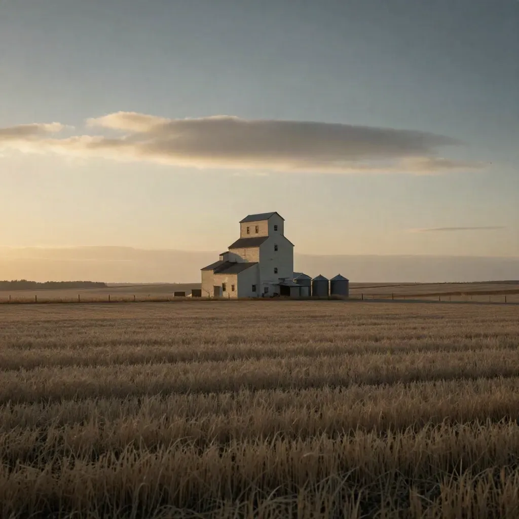 Dawn over Alberta prairie with a distant grain elevator and glowing wheat fields