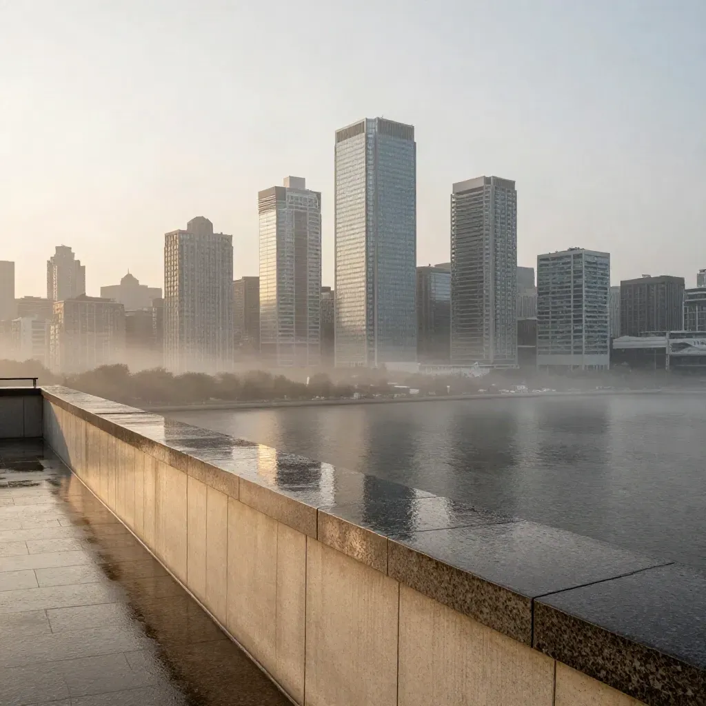 Toronto skyline at sunrise from a wet rooftop, with mist and calm copy space below.