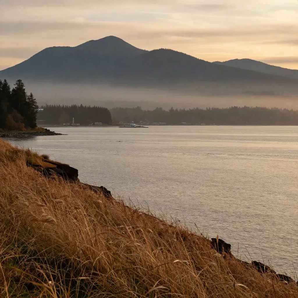 Vancouver harbour and misty North Shore mountains at sunset above calm water