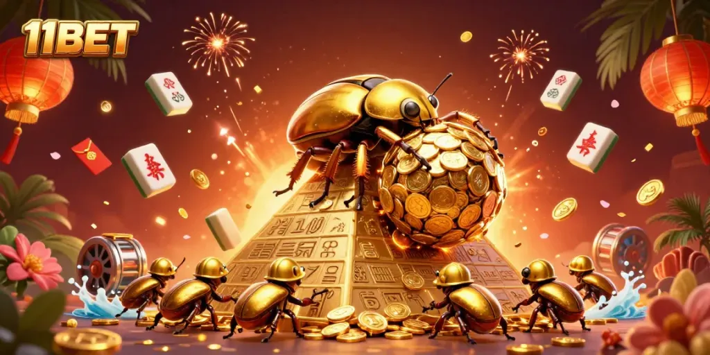 Engage in thrilling casino fun with 11BET's golden beetle adventure amidst vibrant gaming elements.