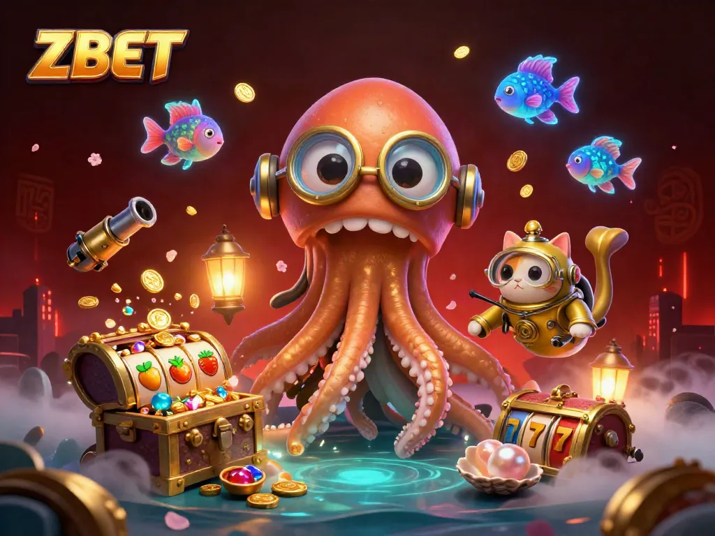 ZBET game excitement brought to life through a vivid 3D kraken and diving cat illustration.