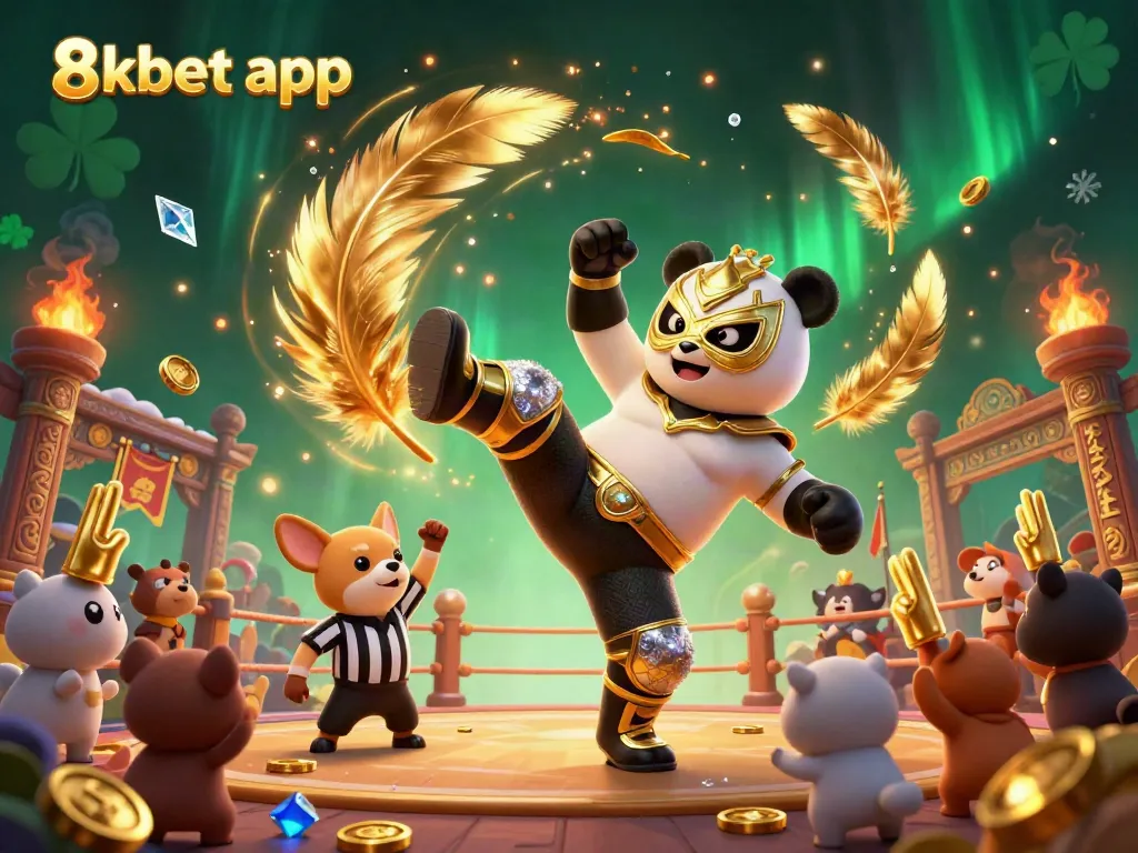Watch the 8xbet app's dynamic gaming scene with a panda wrestler and cheering animal crowd.