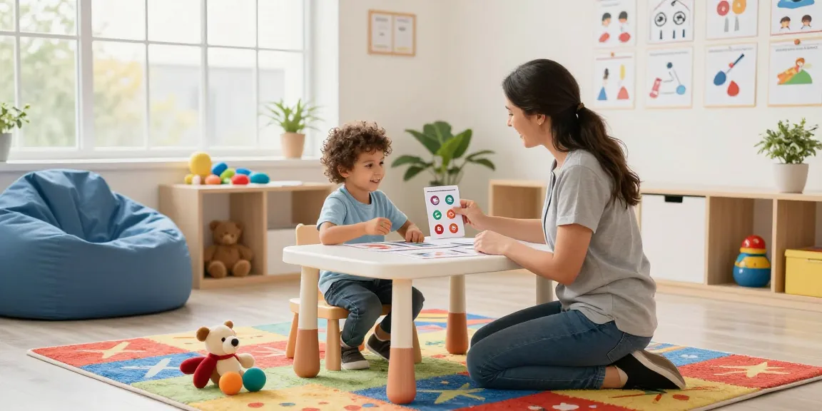 Child engaged in functional communication training Burlington with a therapist using picture exchange cards in a bright therapy room.