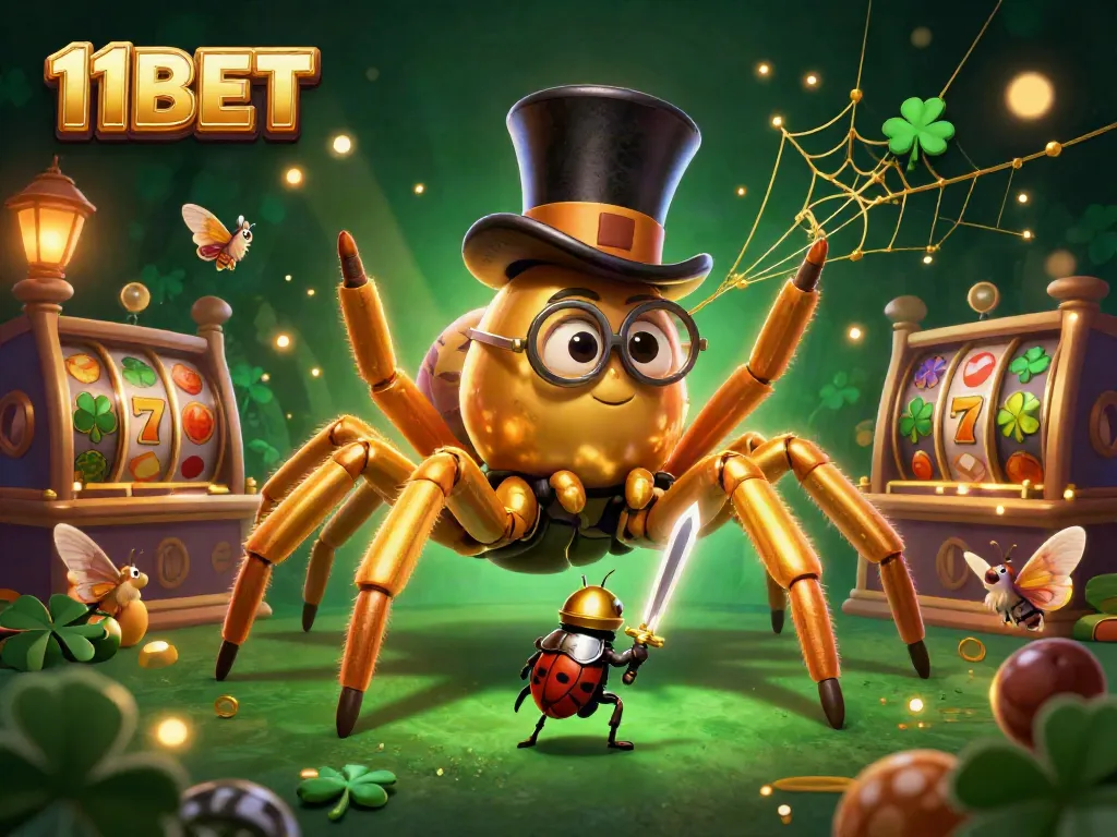 Experience thrilling slots action at 11BET with a golden tarantula and beetle knight in a vibrant casino scene.