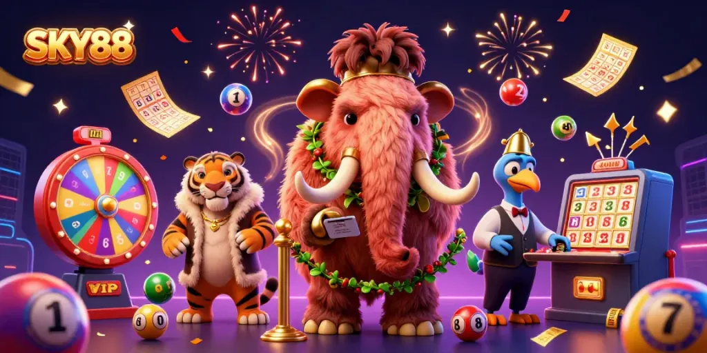 Experience thrilling wins at SKY88 with vibrant casino elements and engaging characters.