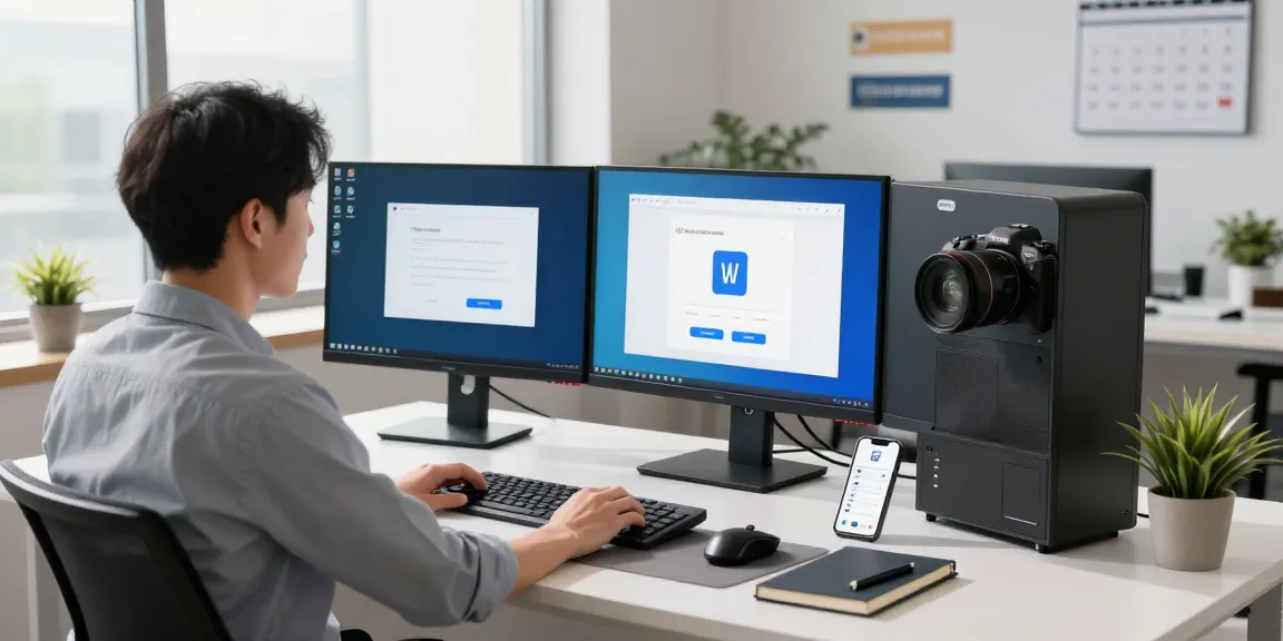 WPS Download installation in a sleek office workspace with multiple monitors and productivity tools.