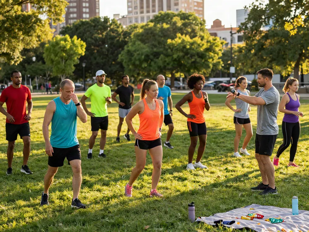 Group of diverse athletes training in a park for Streek running program