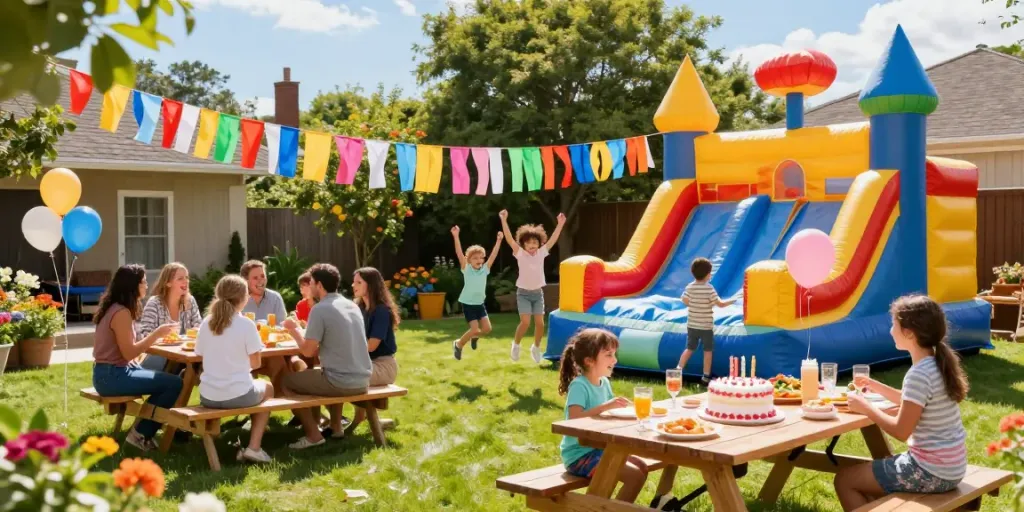 Children enjoying an inflatable castle at a vibrant party with laughter and fun.