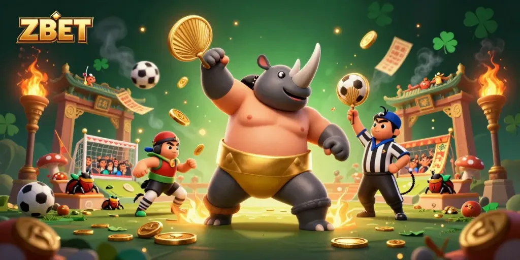 ZBET sports betting scene with a sumo beetle champion and cricket referee amidst flying coins.
