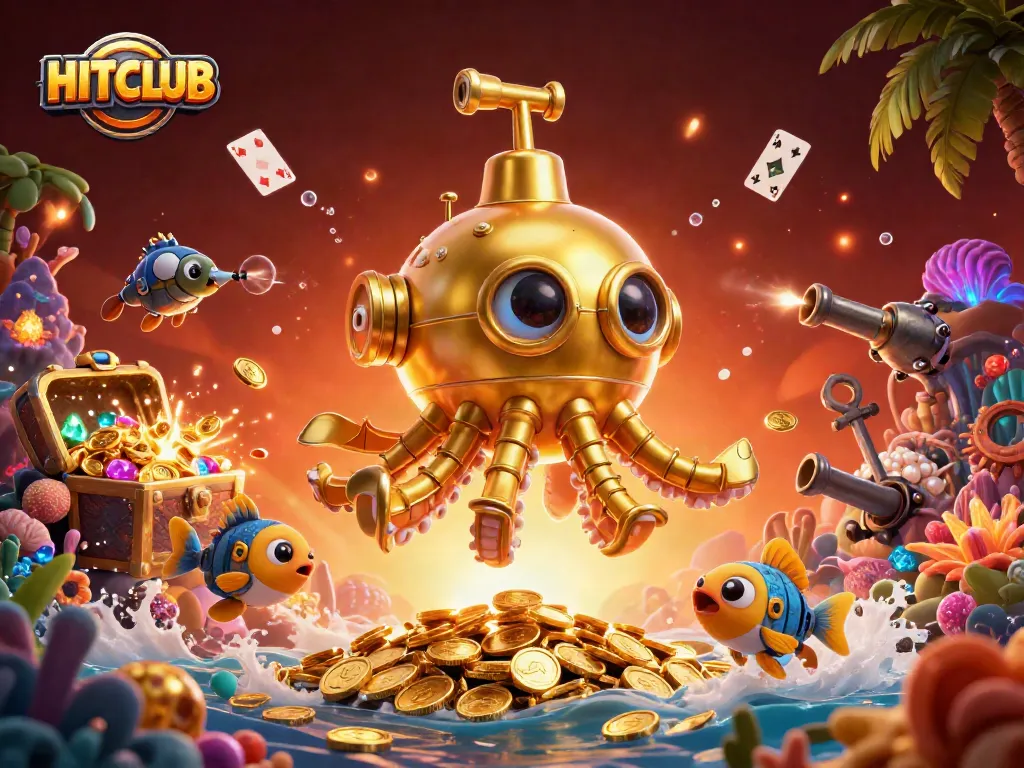 Experience immersive HITCLUB gaming as the kraken submarine reveals treasures in a golden coin sea.