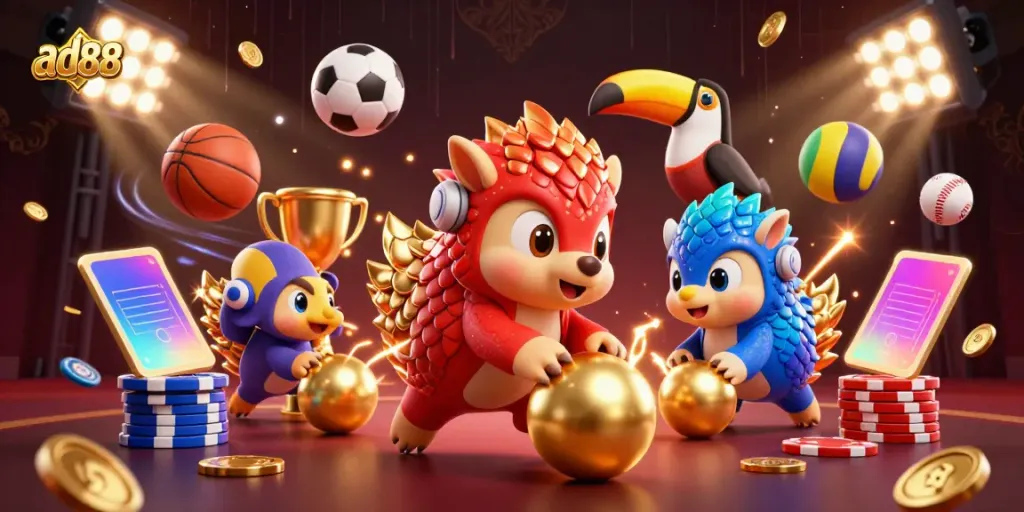Engage with ad88’s thrilling pangolin duel amidst vibrant casino elements and dynamic sports imagery.