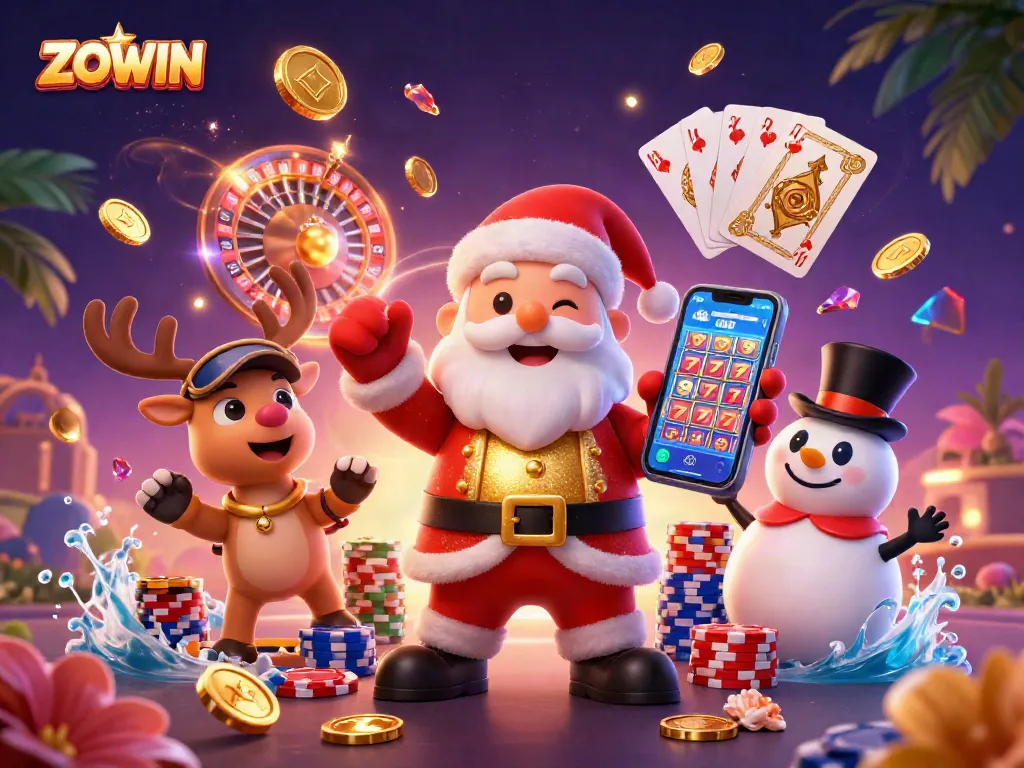 ZOWIN brings excitement with Santa celebrating jackpots in a vibrant casino setting.