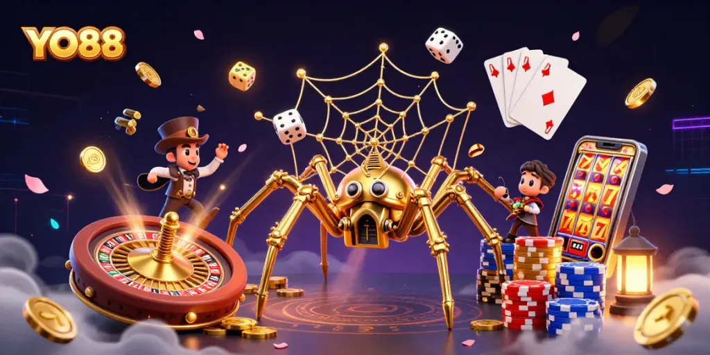 Engage with YO88's thrilling casino experience as golden coins and poker chips scatter around a steampunk spider.