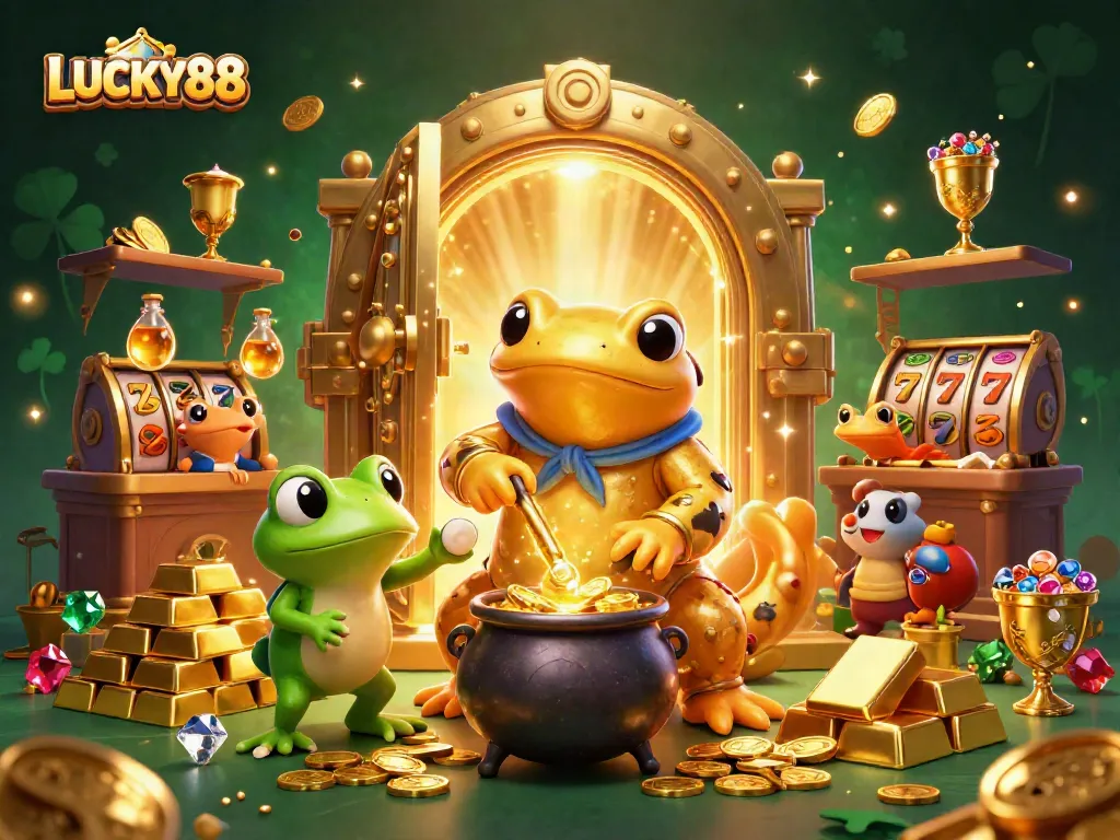 Experience the vibrant, thrilling LUCKY88 casino scene full of gold coins and slot elements.