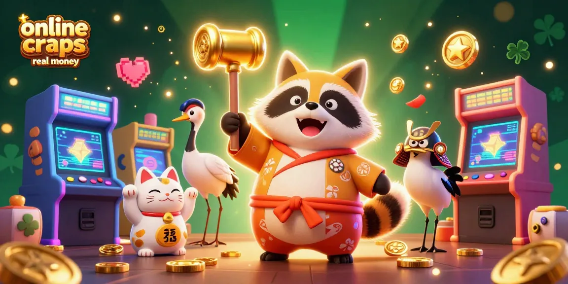 Play online craps real money with vibrant 3D illustration featuring a tanuki, crane, and lucky cats.