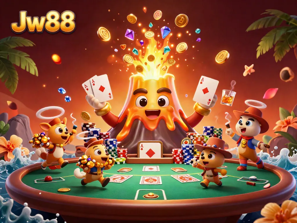 Experience the excitement of Jw88 with a vibrant casino scene featuring a golden volcano and poker elements.