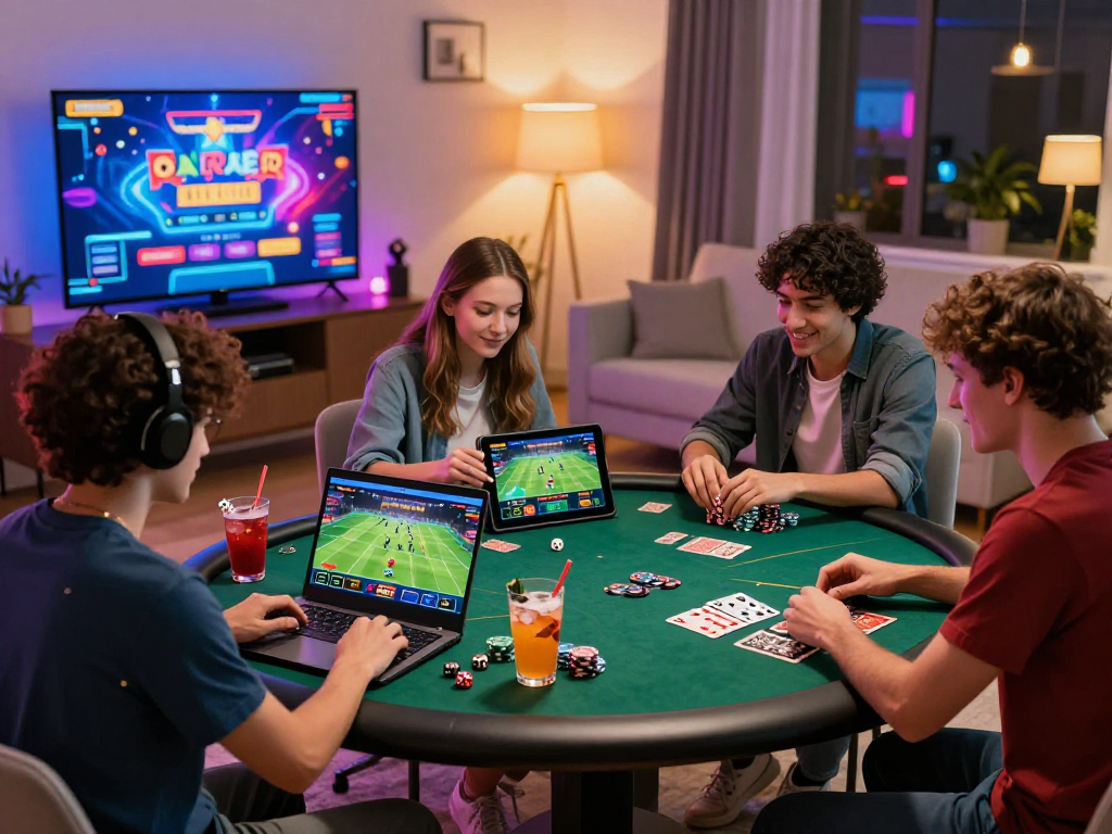 Engaging online gambling scene showcasing players at home with gambleonline activities, vibrant atmosphere and festive gaming props.