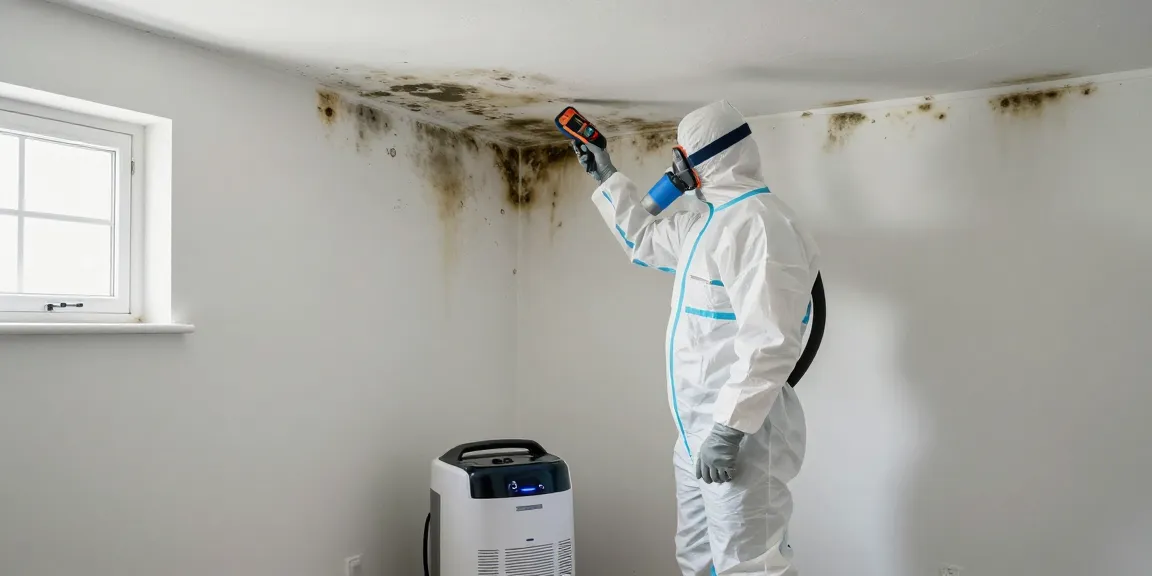 Mold Remediation Vancouver technician inspecting mold in a residential basement, showcasing safety equipment and advanced air scrubbers.