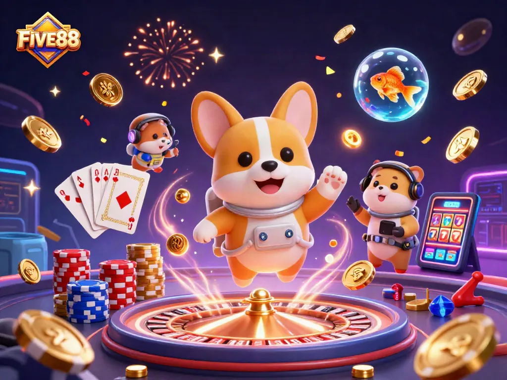 Experience the excitement of FIVE88 with a 3D astronaut corgi exploring a space casino filled with vibrant games.