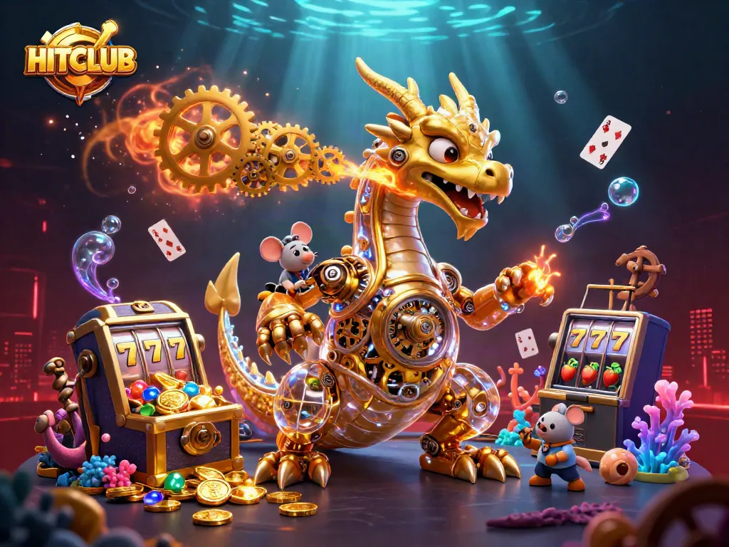 HITCLUB showcases a golden dragon amidst dynamic slot machines and treasures in a vibrant casino scene.