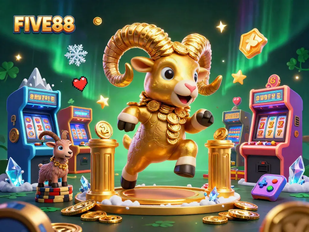 Experience high-energy slots action with FIVE88's golden ram and casino elements.