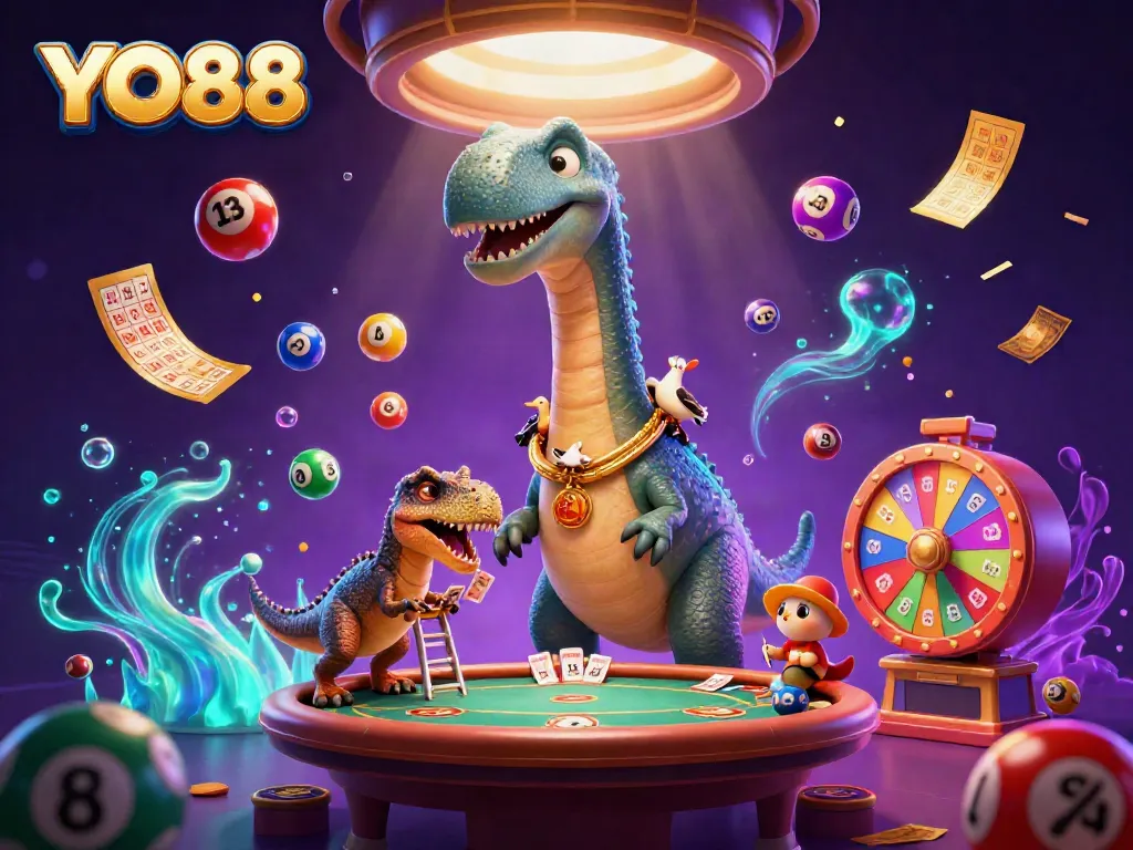 YO88 thrills players with an immersive casino scene featuring vibrant lottery balls and animated characters.
