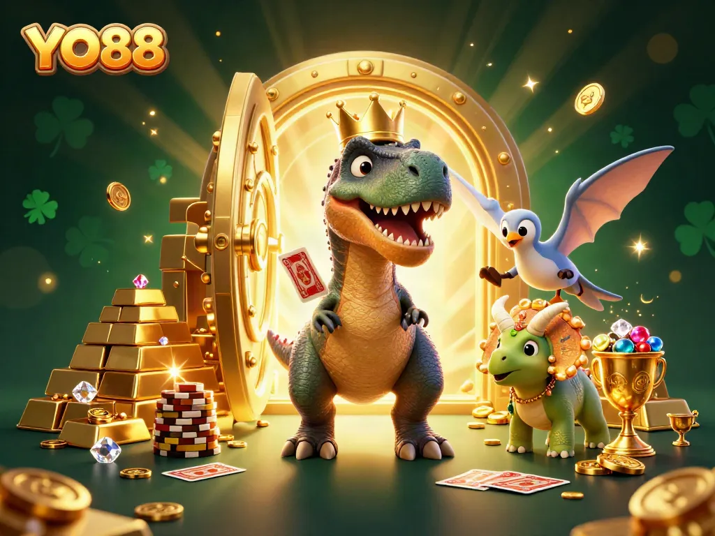 YO88 makes a grand casino scene with a friendly T-Rex shuffling cards and a triceratops stacking golden chips.