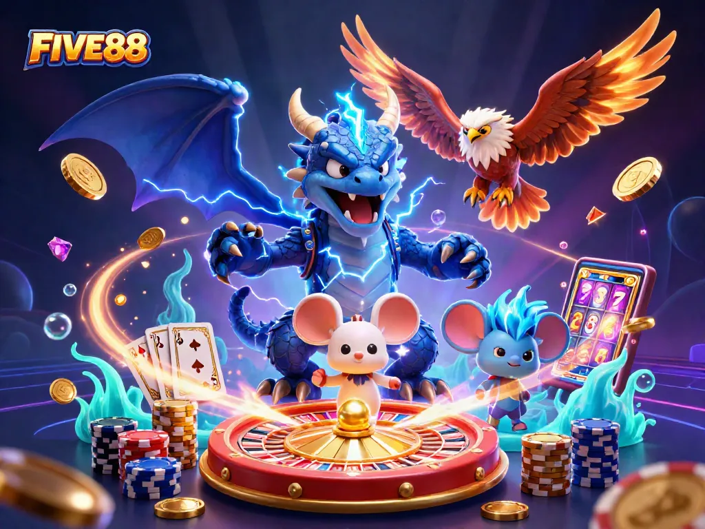 Experience the excitement of FIVE88 with a thunder dragon, wind hawk, and dynamic casino elements.