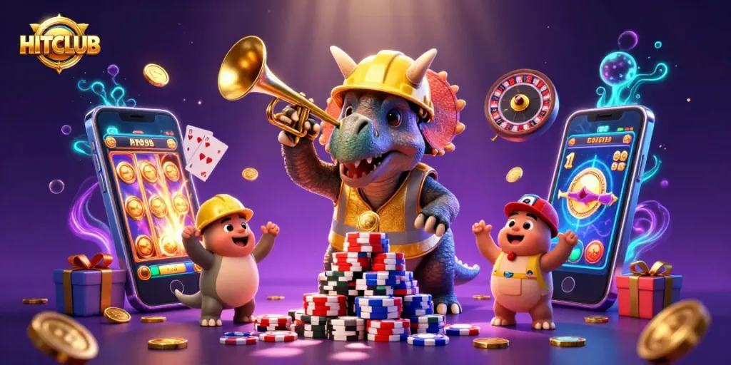 Join the fun at HITCLUB with this vibrant casino scene of triceratops and a glowing slot game!
