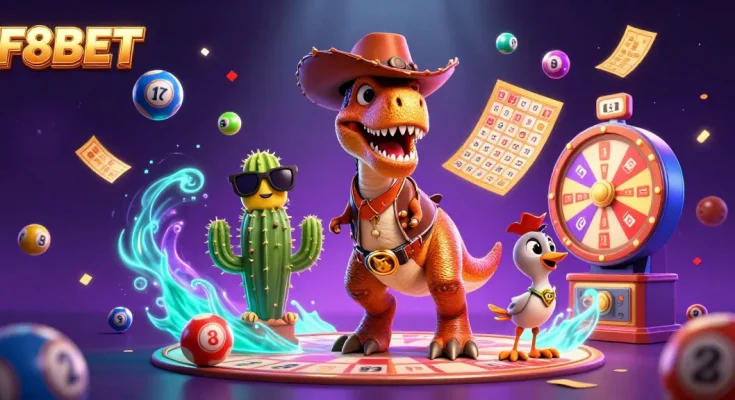 Experience thrilling wins at F8BET with a vibrant casino-themed illustration full of dynamic game elements.