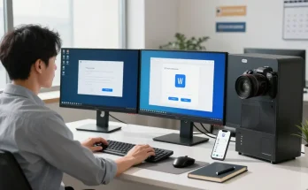 WPS Download installation in a sleek office workspace with multiple monitors and productivity tools.