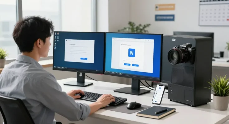 WPS Download installation in a sleek office workspace with multiple monitors and productivity tools.