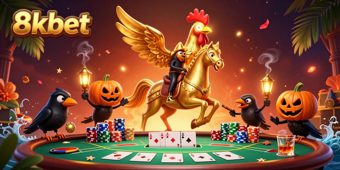 Engage with 8xbet in a vibrant casino scene featuring unique characters and poker elements.