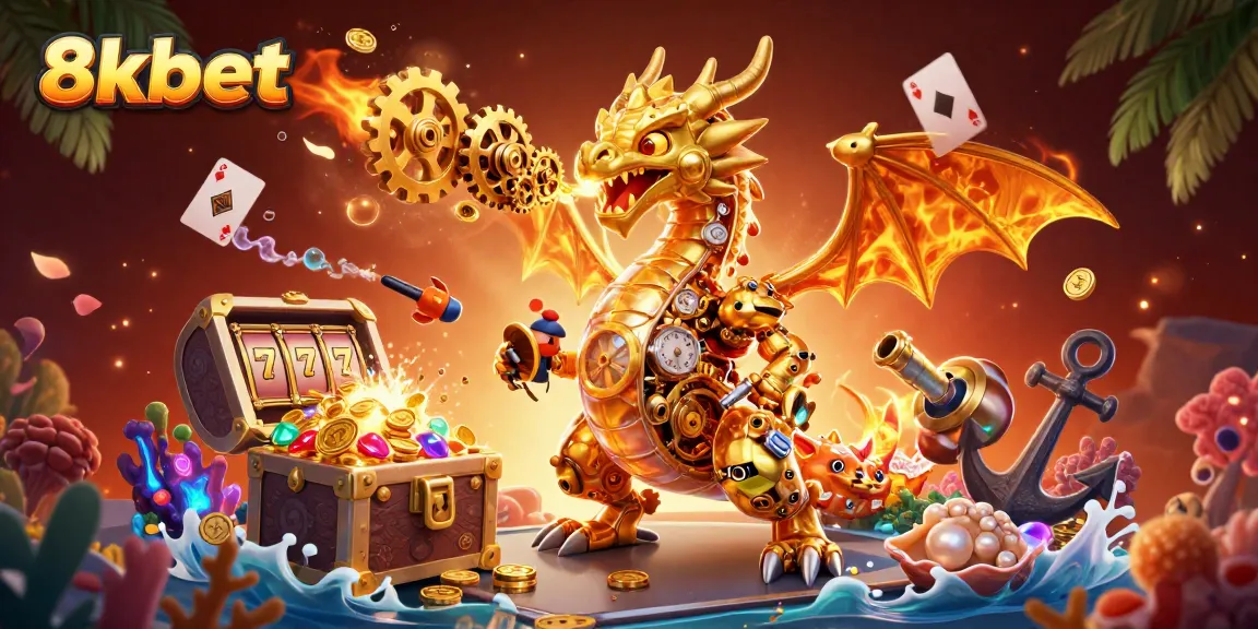 Engage with exciting games at 8xbet, featuring a stunning golden dragon amidst treasure and slot reels.